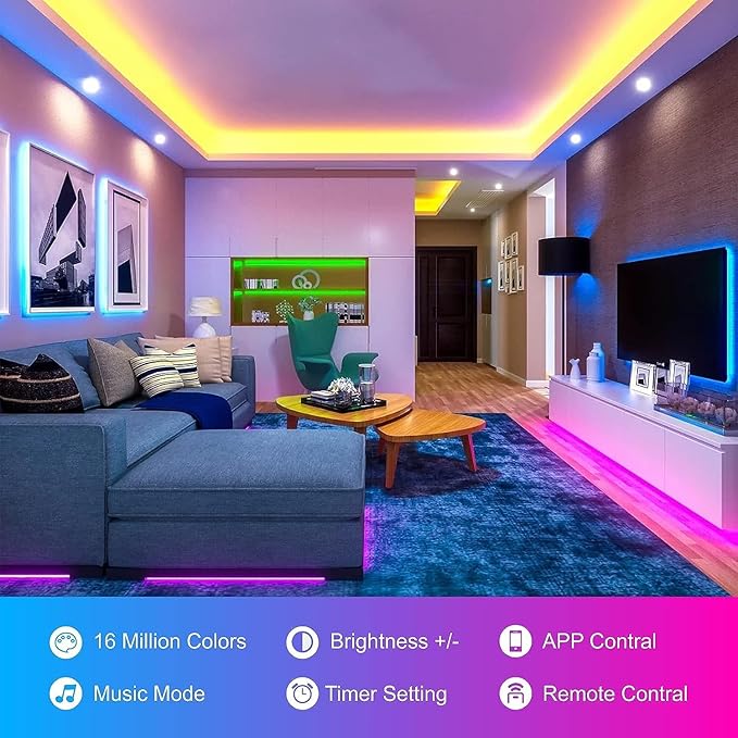 HBOWMDJIA 100ft Led Lights for Bedroom, Led Strip Lights Music Sync Corlor Changing, Led Light Strip with Remote & App Control RGB Strip, Led Lights for Room Dorm Home Classroom Ceiling Decor