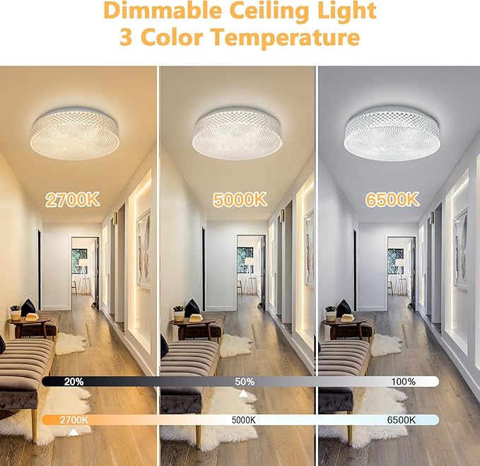 OOWOLF Flush Mount LED Ceiling Light Fixture, 2700K-6500K Super Bright 36W 3600LM 13.78 Inch Dimmable Warm/White Light Kitchen Light Modern Ceiling Lamp for Bedroom Bathroom, Chandeliers with Remote