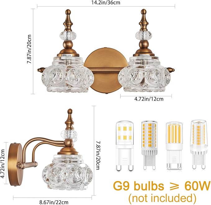 Bathroom Vanity Light Fixtures, 2-Light Vintage Crystal Bathroom Lighting, Matte Brushed Antique Brass Finish, Vintage Wall Sconce Light with Crystal Glass Shade