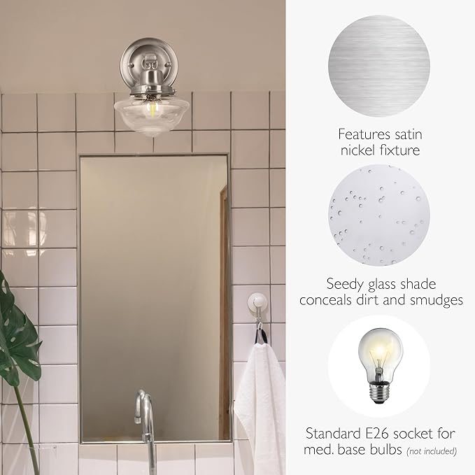 Design House Vintage-Inspired Schoolhouse Wall Sconce, 6.625 in x 7.625 in x 9.5 in, Satin Nickel, Clear Seeded Glass Shade, 589127-SN