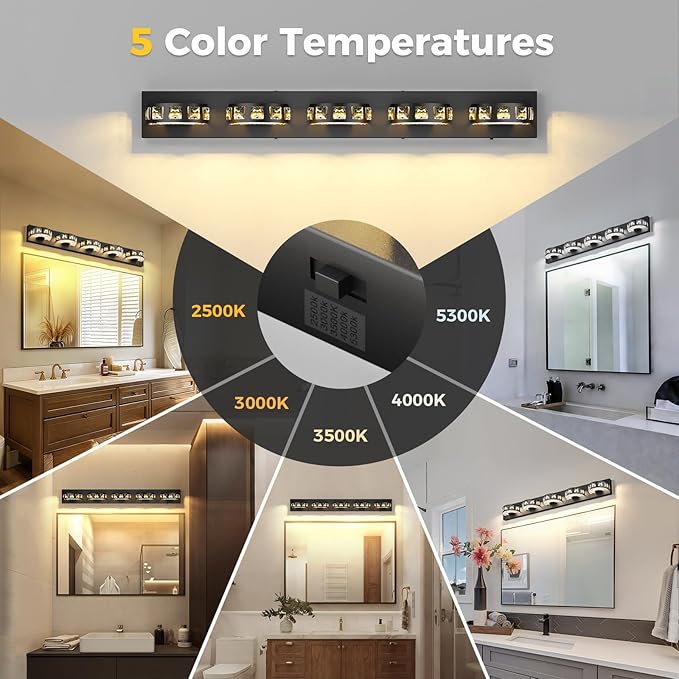 Modern Bathroom Vanity Lights 36.6 inch 5 Color Temperature Black Light Fixtures for Bathroom Above Mirror(5-Light,Dimmable)crystal Bathroom Light Fixtures for Mirror,Living Room,Kitchen,Hallway