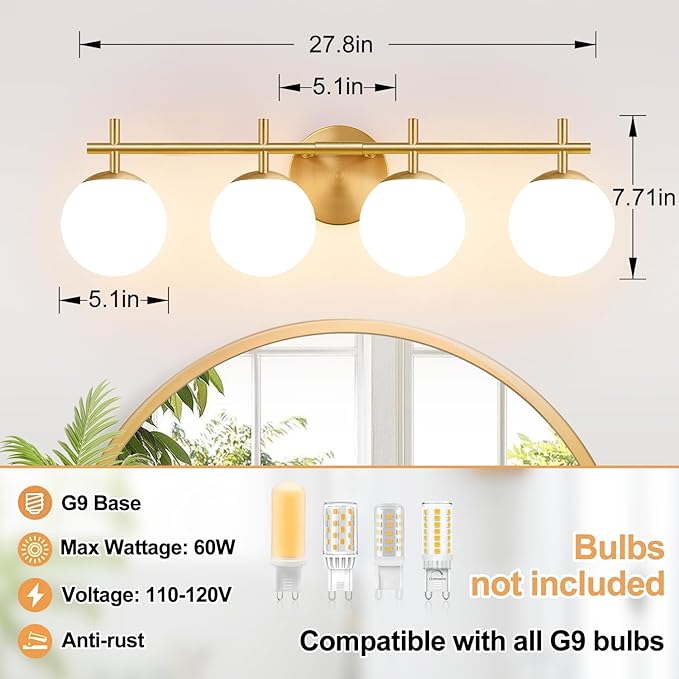 MOKATNG 4-Light Bathroom Light Fixtures, Brushed Gold Vanity Lights for Bathroom with Milky White Glass Shade, Bathroom Lighting Fixtures Over Mirror, Wall Sconce for Bedroom (Bulb Not Included)