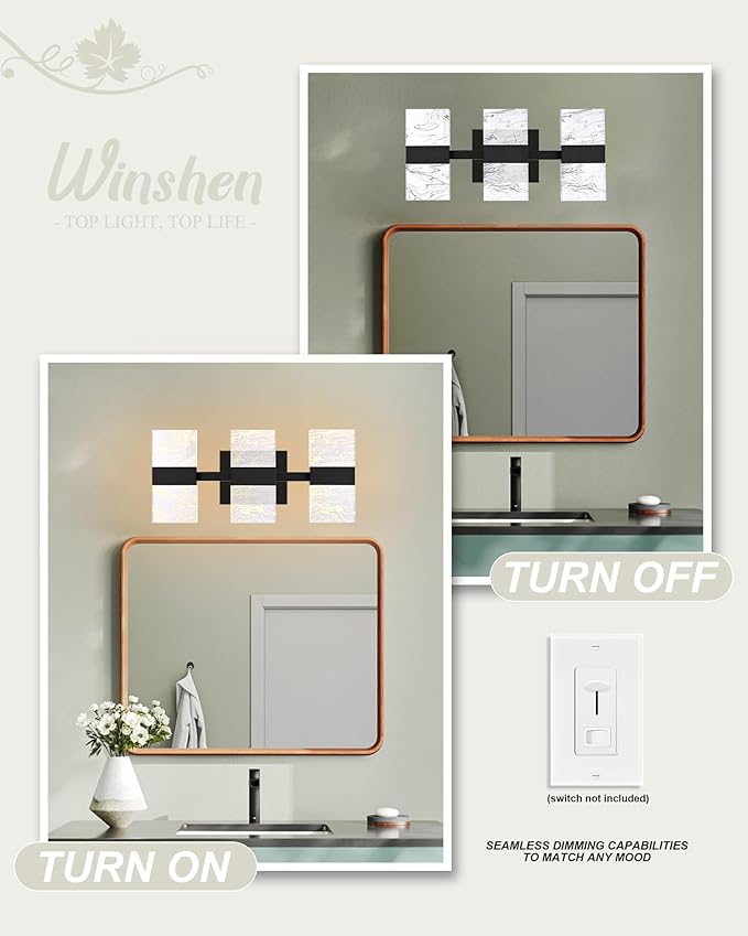 LED 3000K Black Bathroom Light Fixture, Modern 3-Lights Vanity Lighting with Smoke Acrylic Shades, Wall Lamp Over Mirror for Kitchen Bedroom (Integrated Led Chips Included)