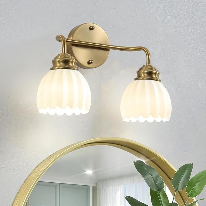 2 Light Vintage Bathroom Light Fixtures, Gold Bathroom Vanity Light, Brass Finish with White Tulip Glass Shade, Wall Lighting for Bedroom, Living Room, Hallway,E26 Base