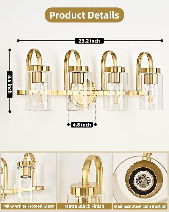 4 Light Bathroom Vanity Light, Gold Vanity Lights for Bathroom, Modern Light Fixtures Over Mirror with Clear Glass Shade, Wall Sconce Lighting for Bedroom