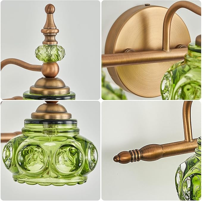 Vintage 3-Light Bathroom Vanity Light Fixtures, Modern Brass Vanity Wall Sconces Over Mirror with Green Glass Shade for Bathroom Bedroom Living Room