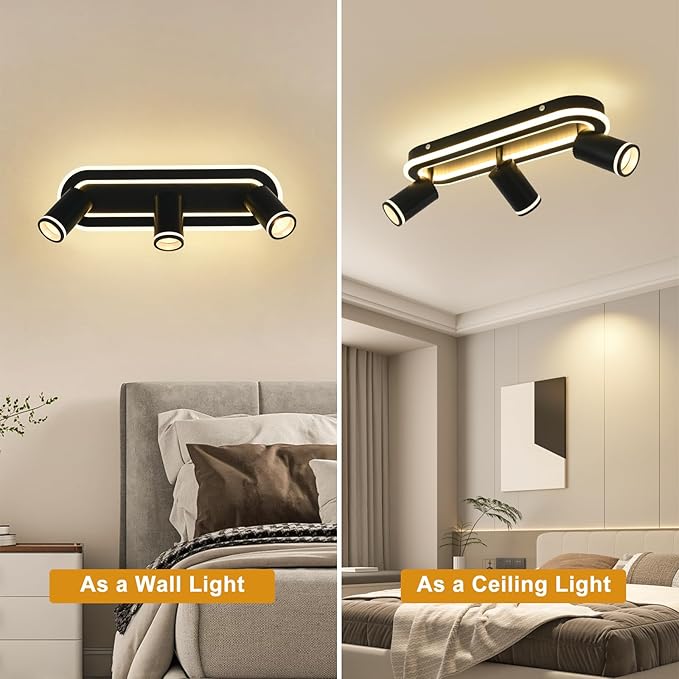 LED 3 Light Track Lighting Spotlight Kit, Black Ceiling Spotlights, Modern Track Light Fixture with Flexibly Rotatable Light Heads, 35W+15W Dual Lighting for Kitchen Living Room,Includes 3 x GU10 Bulb
