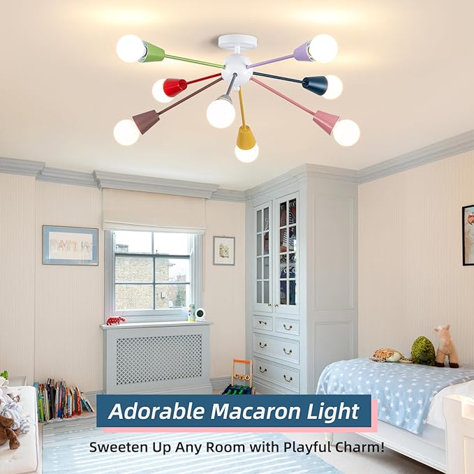 33 Inch Colorful Sputnik Chandelier, 8-Light Kids Ceiling Light Fixture, Modern Semi-Flush Mount Lamp for Children's Bedroom,Playroom, Nursery, Dining Room, Kitchen, Entryway