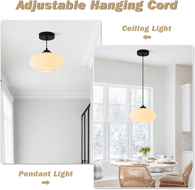 KCO Lighting 9.8" Small Milk Glass Pendant Light Black and White Pendant Light Mid Century Modern Hanging Ceiling Light Fixture