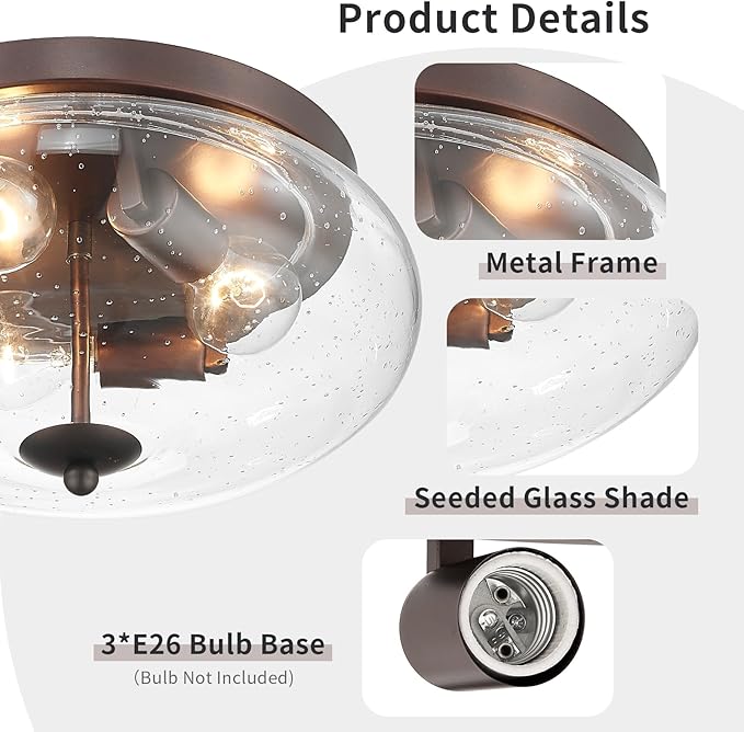Darkaway Large Ceiling Light Fixtures 3-Ight Flush Mount Indoor Outdoor Ceiling Light with Seeded Glass Shade for Hallway Kitchen Bedroom Porch Living Room Dining Room Bronze Finish