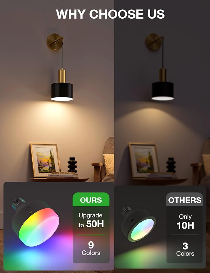 NIORSUN Battery Operated Wall Sconce Set of 2, Gold & Black Wireless Rechargeable Wall Lights with 5200mAh Dimmable Detachable Bulbs and Remote, 9 Colors Sconces Wall Decor for Bedroom Living Room