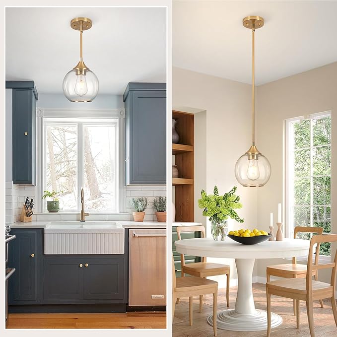 Pendant Lights Kitchen Island,Farmhouse Gold Pendant Light with Clear Glass Globe Shade,6.29" Glass Pendant Light for Finish Farmhouse Entryway Dining Room Kitchen Island 1Light