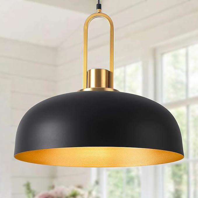 Matte Black Dome Pendant Light 18" Large Farmhouse Pendant Lighting Fixture Vintage Black and Gold Chandeliers for Dining Room, Kitchen Island, Bedroom, Hallway