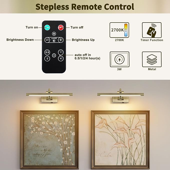 DESOOP Wireless Picture Lights Rechargeable Gallery Lighting Battery Picture Frame Light with Remote and Timer, Adjustable Art Light for Paintings, Portraits, Antique Bronze Finish 16'' Inch 3W 2700K
