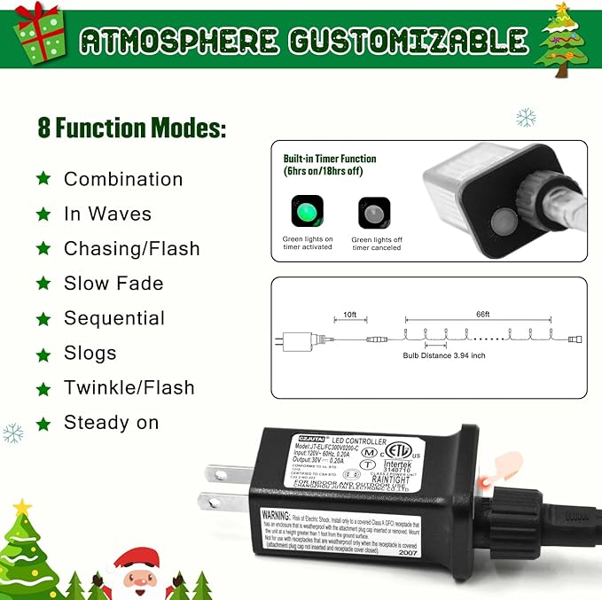 JMEXSUSS 200 LED White Christmas Lights Outdoor, 66ft Connectable Christmas Tree Lights Indoor Green Wire, 8 Modes Waterproof Twinkle String Lights Plug in for Wedding Party Xmas Decorations