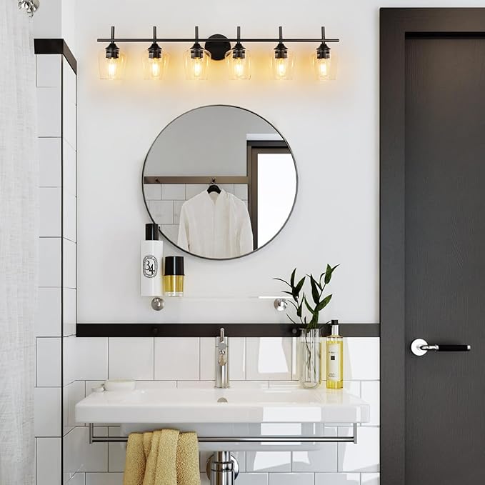 Bathroom Vanity Light Fixtures, Bathroom 6-Lights Over Mirror Modern Vanity Lighting with Clear Wine Glass Shade Wall Lamp for Bedroom Hallway Living Room (Black, 6-Light)