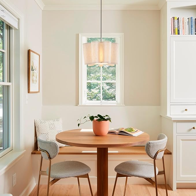 VILUXY Modern Fabric Pendant Light Fixtures 15.7’’ Farmhouse Pendant Lighting with Linen Shade Rustic Hanging Ceiling Chandelier Flush Mount Pendant Chandeleir for Kitchen Island Dining Room Hallway