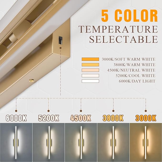 Modern Gold Vanity Light Bathroom Wall Light Fixtures Over Mirror 35 Inch Long Dimmable 3-Light LED Bathroom Wall Lighting 5CCT(3000K/3800K/4500K/5200K/6000K)
