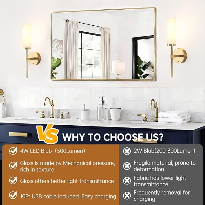 Shenmoyl Battery Operated Wall Sconces Set of 2, Gold Rechargeable Wall Lighting Fixtures, Dimmable Wall Lights with Remote & Opal Glass Shade for Living Room, Bathroom,Bedroom