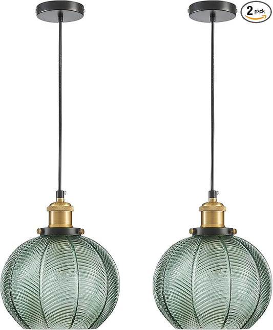 7.8in Vintage Pendant Light 2- Light Kitchen Sink Pendant Lights with Green Hand Blown Glass Small Hanging Lamp for Kitchen Island Dining Room Bedroom Bathroom Hallway E26