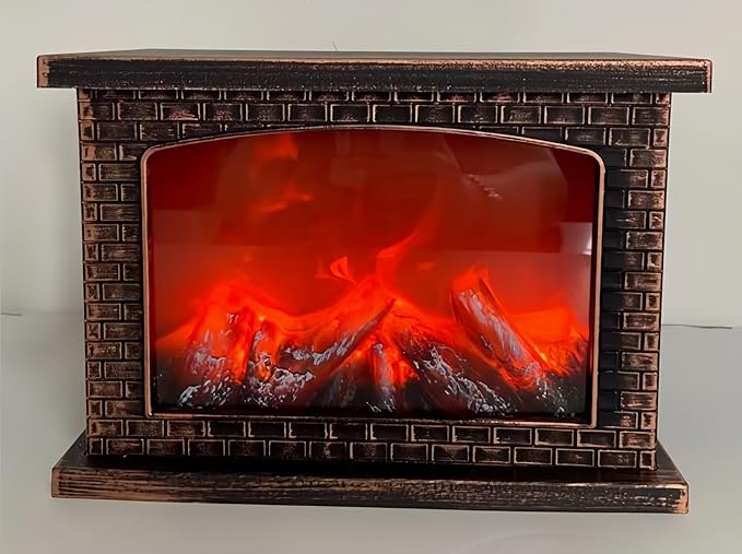 Simulated LED Fireplace Lantern USB & Battery Powered Flameless Light with Emulation Flame Table Decorative Lamp Copper Fireplace Ornament for Cozy Home Decor Free Standing Electric Log Burner