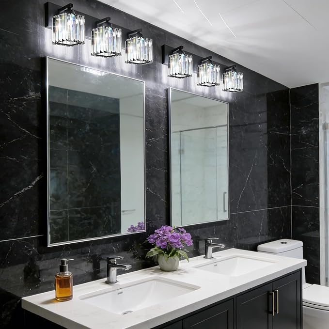 Black Crystal Bathroom Vanity Light, 3-Light Modern Bathroom Lighting Fixtures Over Mirror, Matte Black Wall Sconce Light Fixtures with Square Shade