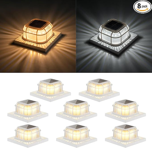 Solar Post Light 8 Packs with 4x4, 5x5 and 6x6 Inches Base for Vinyl/Wooden Posts, Bright 16 LEDs Solar Cap Lights with Two Light Modes for Decorating Deck, Patio, Porch, Fence (White)