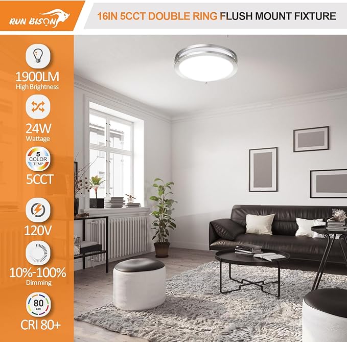 16IN Double Ring Flush Mount Ceiling Lights, 24W, 1900LM,with 5CCT 2700K-5000K Adjustable, Dimmable LED Ceiling Light Fixtures for Hallway, Bedroom, Kitchen, ETL Listed - 1PK