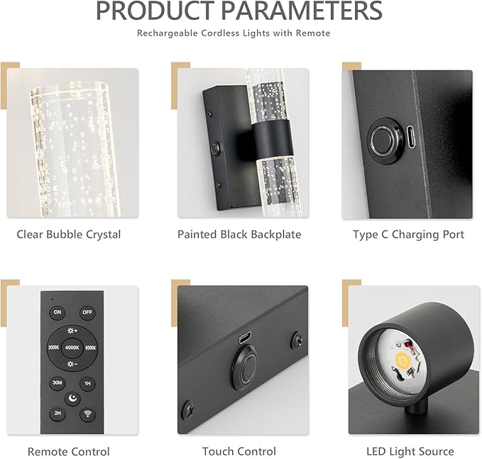 Black Battery Operated Wall Sconces Set of 2, 20000mAh Rechargeable Wall Light with Remote Control, 3000K-6000K Dimmable Wireless LED Sconces for Bedroom, Living Room, 15.6 Inch