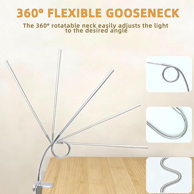 Space Aluminum LED Desk Lamp with Clamp, Clip on Light for Reading Study Desk Light 3 Modes 10 Brightness Flexible Gooseneck with USB Adapter Table Lamp for Home Office Computer Nail Work