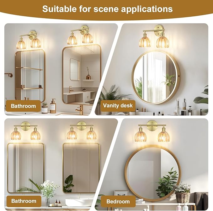 Vintage Bathroom Light Fixtures,2-Light Hardwired Vanity Lights with Amber Tulip Glass Shade,Gold Bathroom Vanity Light for Mirror Restroom,E26 Socket,14.57 in(Bulbs Not Included)