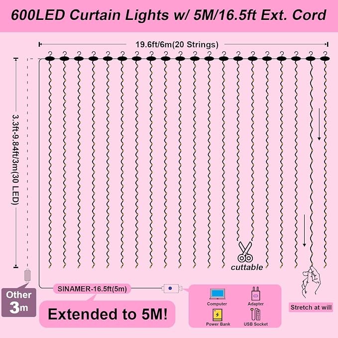 600LED Pink Curtain Lights for Bedroom, 19.6ft x 9.8ft Fairy Curtain String Light with 24 Hooks, 8 Modes Hanging Lights for Wedding, Party, Backdrop, Window, Xmas Decor