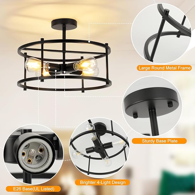 Semi Flush Mount Ceiling Light Fixtures 16.53'' Black Kitchen Light Farmhouse Ceiling Light Fixtures, 4 Light Industrial Semi Ceiling Lights for Bedroom, Dining Room Living Room Hallway