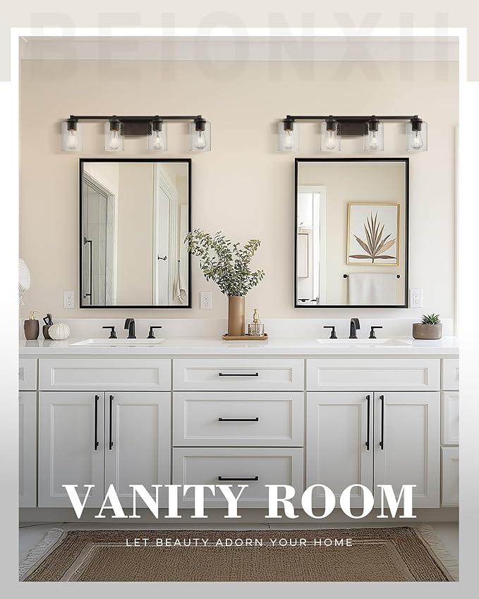 Beionxii Bathroom Vanity Lights, 4-Light Vintage Wall Sconce Light Fixtures, Oil Rubbed Bronze Finish with Clear Seeded Glass - MB9002 Series