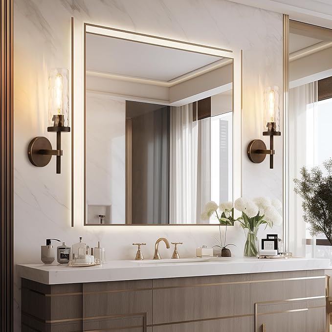 15" Knurled Brass Wall Sconces Set of 2, Bronze Bathroom Vanity Light Fixtures with Water Ripples Glass Tube, Modern Lamp Lighting for Bedroom, Living Room, Hallway, Staircase, Mirror, Kitchen