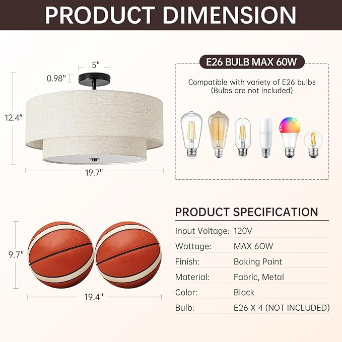 4-Light Semi Flush Mount Ceiling Light, 19.7" Double Drum Ceiling Light Fixture with Linen Fabric Shade, Modern Black Ceiling Light for Dining Room, Living Room, Bedroom, Kitchen, Hallway, Entryway