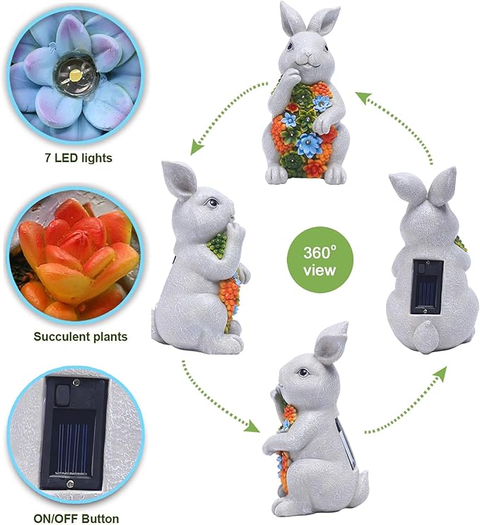Nacome Solar Garden Outdoor Statues Bunny with Succulent and 7 LED Lights – Lawn Decor for Patio, Balcony, Yard Ornament for Mom Grandma Women