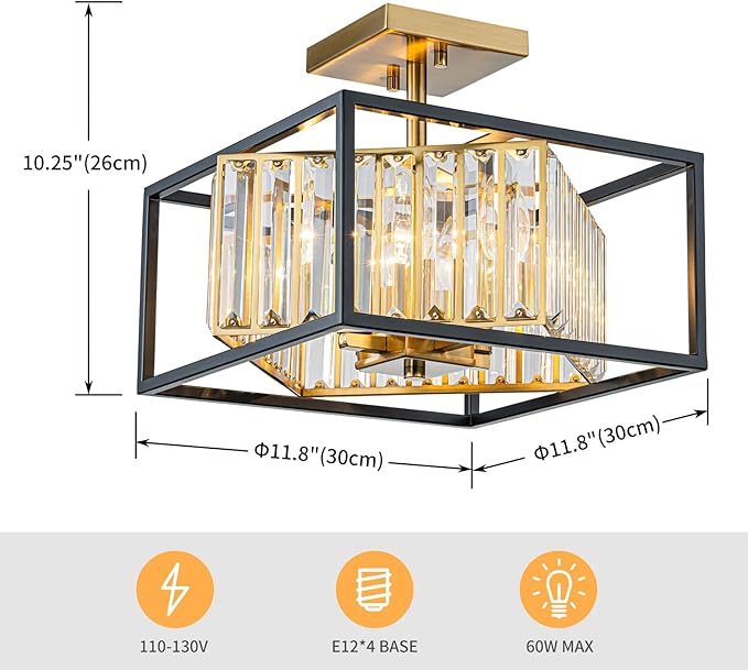 LumFurn 4-Light K9 Crystal Ceiling Light, 2-Tier Square Semi-Flushmount Light Fixture for Living Room, Foyer, Bedroom, L12 x W12 x H7inch, Clear Crystal & Black & Gold Finish