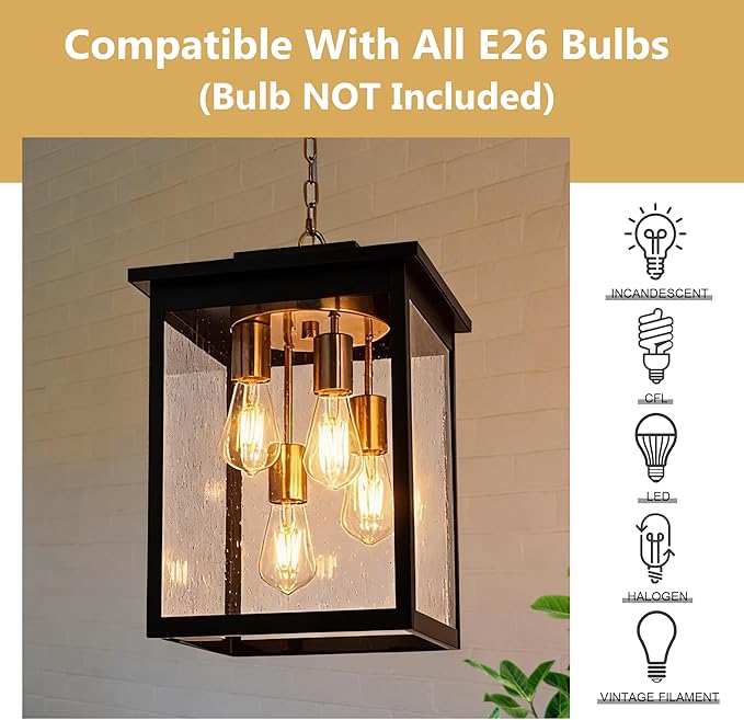 TODOLUZ 4-Lights Large Outdoor Pendant Light Fixture, Waterproof Porch Hanging Lighting with Adjustable Chain Seeded Glass Panel & E26 Bulb Base for Porch Patio Garden