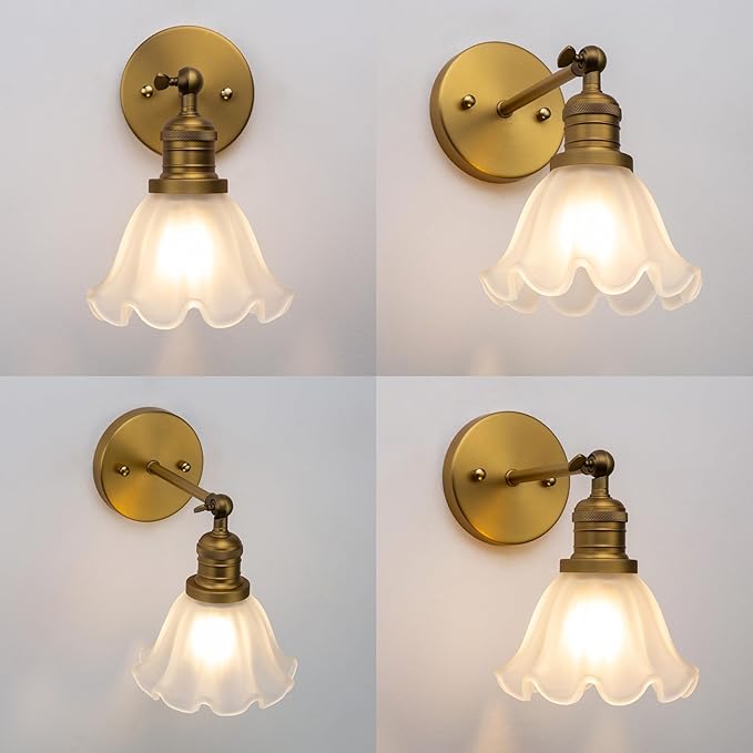 Phansthy Vintage Wall Sconces with Frosted Glass Lampshade 180 Degree Adjustable Brass Sconces Modern Glass Wall Lighting Fixture for Bedside Bedroom Doorway Bathroom (Antique)
