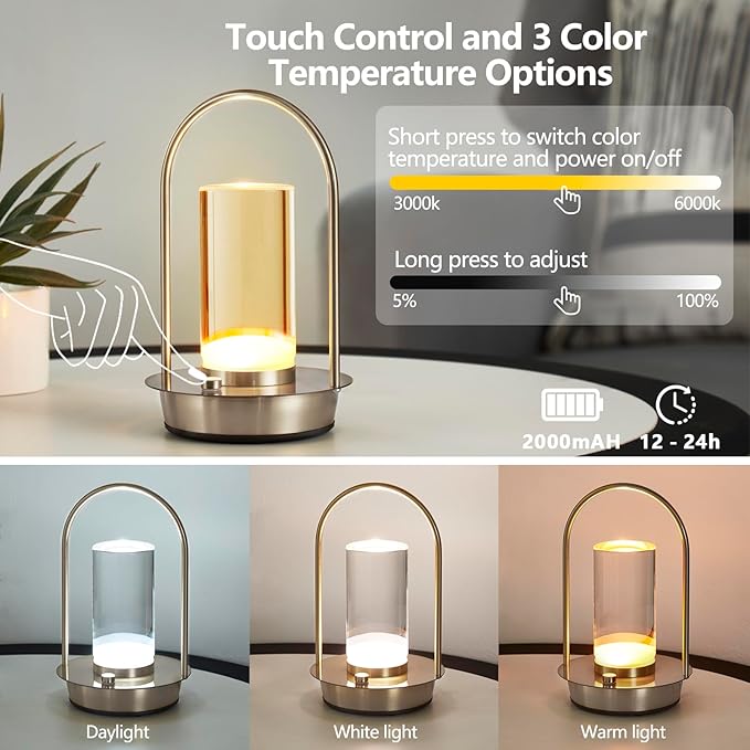 Cordless Table Lamp, 3-Color & Stepless Dimming with Touch Control, Portable Rechargeable for Outdoor Indoor Use, Water-Resistant Desk Light for Bedroom Living Room Patio (Silver)