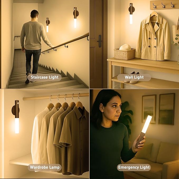 WhitePoplar Rechargeable Motion Sensor Night Lights - 2200mAh Battery Operated Wall Sconces, Wireless Wall Lights Sconce, Magnetic Portable Hallway Light for Picture Stair Cabinet, 3000K 4 Pack
