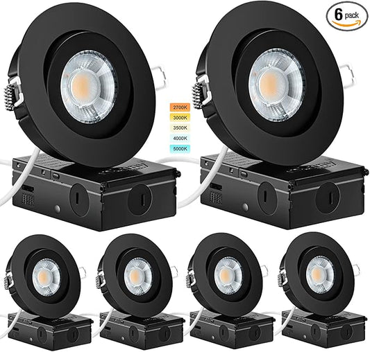 KnLnny Ware Black Gimbal recessed Lights 4 Inch 6 Pack, Gimbal canless recessed Lights with Junction Box,9W 750LM,Dimmable,5CCT Selectable,Air Tight
