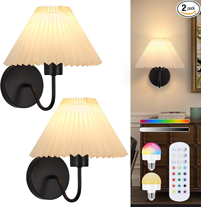 ADISUN Wall Sconces Sets of 2 RGB Battery Operated Wall Sconces for Bedroom Dresser Classic Black Wall Lamp with Remote for Living Room Bathroom Dining Room Corridor Staircase (2 Bulbs Included)