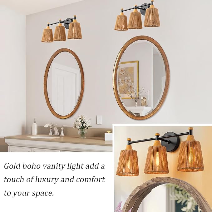 Bathroom Light Fixtures, Boho 3 Light Bathroom Vanity Light Over Mirror with Rattan Woven Wicker Lampshade Rustic Wall Sconce Lighting for Bedroom Kitchen Hallway