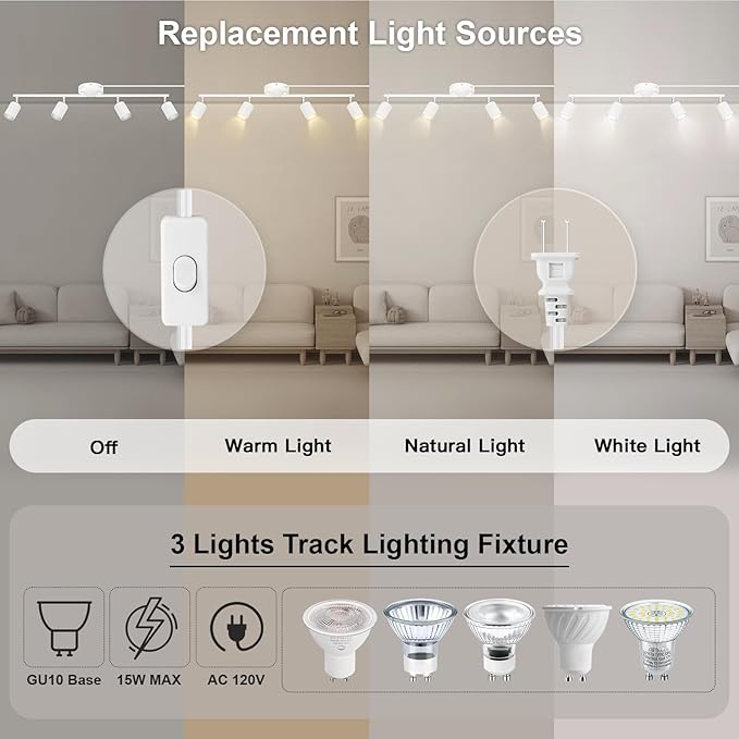 Plug in Track Lighting LED, Track Lighting Fixtures Ceiling, White 4-Light Kitchen Light Kit, Plug in Wall Light with 14.8ft Power Cord, Rotatable Ceiling Spotlight for Bedroom(GU10 Socket, NO Bulb)