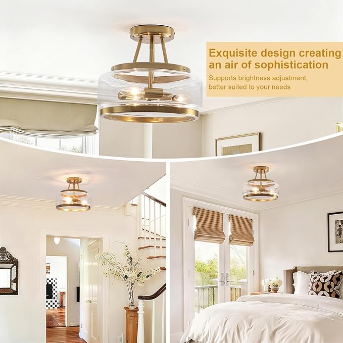 11.8" Gold Semi Flush Mount Ceiling Light, Small Ceiling Lighting Modern Clear Glass Flush Mount Drum Light Fixture for Dining Room Foyer Entryway Bedroom Kitchen Bathroom 3-Light