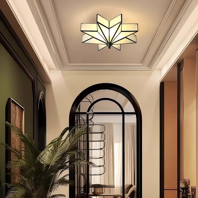 LIGHTLAND 19.7 Inch Flush Mount Star Ceiling Light, 4 Lights Brass Ceiling Lamp with Glass Lampshade, Art Deco Close to Ceiling Light Fixtures for Bedroom Living Room Entryway Hallway, Black