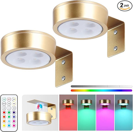 2-Pack Picture Light Battery Operated Painting Lights, 13 Color RGB Magnetic LED Display Art Light with Remote, Dimmable and Timer Portrait Light for Art Frame Artworking, Wall Decor Puck Light, Gold