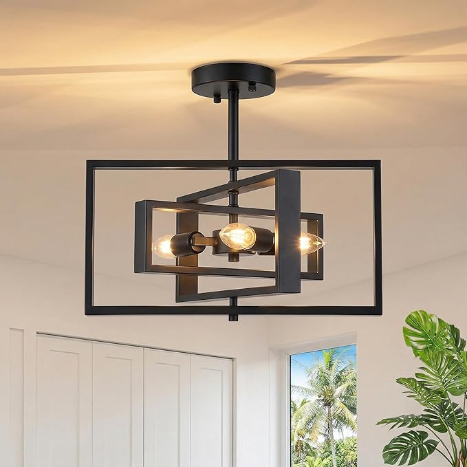 Modern Semi Flush Mount Ceiling Light, 3-Light Black Geometric Square Close to Ceiling Light Fixture, E12 Base Farmhouse Lighting for Hallway Foyer Bedroom